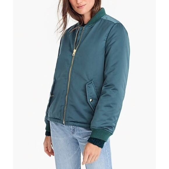 NWOT J.Crew‎ Green Bomber Jacket with Side Zips Quilted Lining, Size Small - Picture 1 of 16
